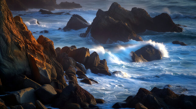 Backlit by a dramatic sunset, a coastal rock formation in Big Sur is captured in a moody and ethereal telephoto shot, Created with generative Ai Technology.
