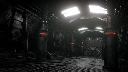 futuristic science fiction style dark corridor with bright lights and moody atmosphere © archangelworks
