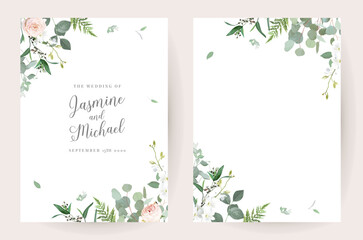 Floral eucalyptus selection vector frames. Hand painted branches, pink rose flowers, leaves