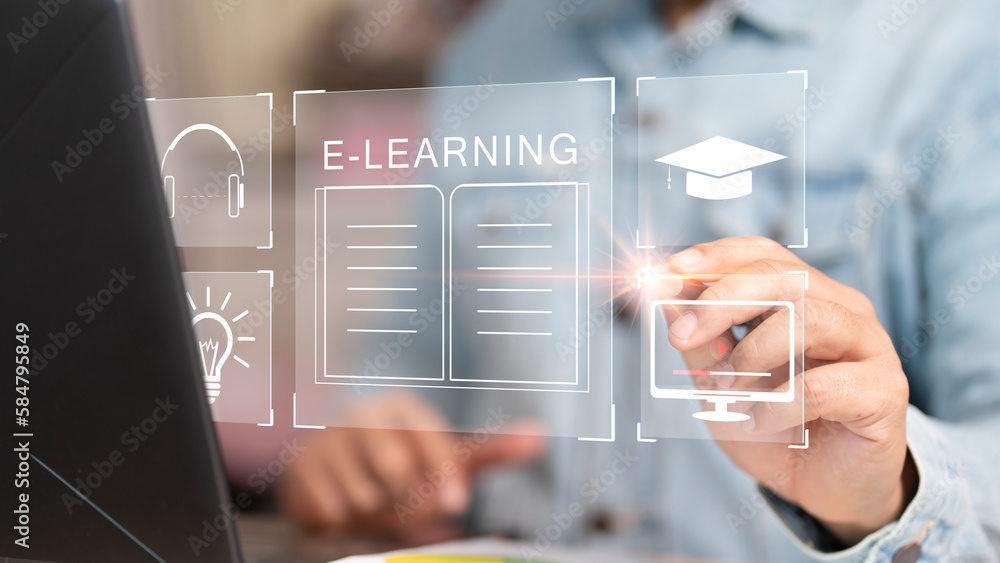 Poster concept of online education. man use online education training and e-learning webinar on internet fo