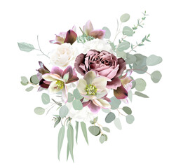 Mauve purple rose, dusty pink, brown and green hellebores, white rose, mint eucalyptus, greenery vector design bouquet. © lavendertime