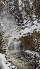 Snow Covered Landscape on the Firehole River in Yellowstone National Park in Winter - obrazy, fototapety, plakaty