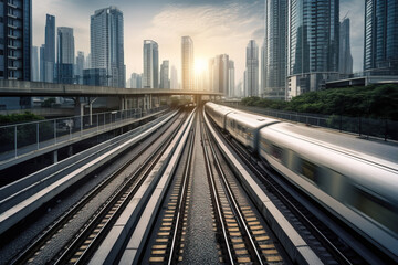 Modern railway cutting through a futuristic cityscape