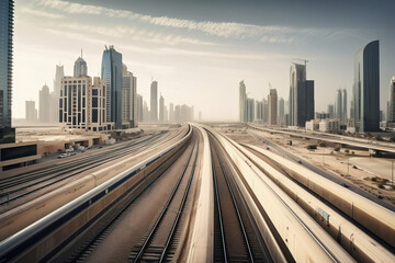 Fototapeta na wymiar Modern railway cutting through a futuristic cityscape