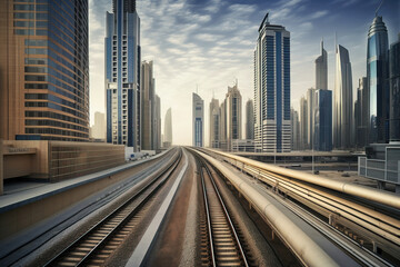 Fototapeta na wymiar Modern railway cutting through a futuristic cityscape