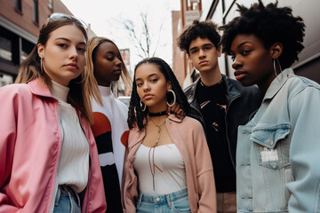 A fictional person. Diverse group of Gen Z young individuals posing on the street