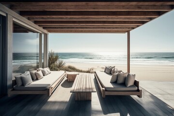 Modern Beach House Lounge with Ocean View, Generative AI
