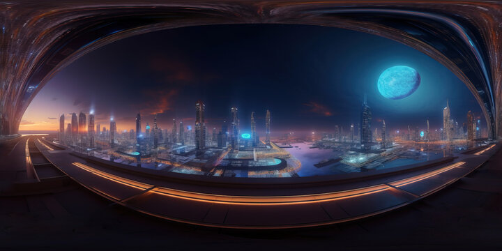 Futuristic city skyline in 80s retro style, equirectangular panorama