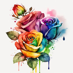 Fototapeta na wymiar Watercolor rainbow roses illustration. Wedding invitation. Botanical art print. Ai generated