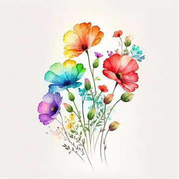 Watercolor rainbow flowers illustration. Botanical art print. Ai generated