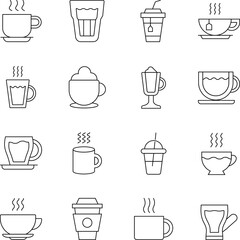 Coffee Cup Line Icon Set. Collection of modern outline vector signs drawn with black thin line. Perfect for using in banners, fliers, business cards, stores, shops - obrazy, fototapety, plakaty