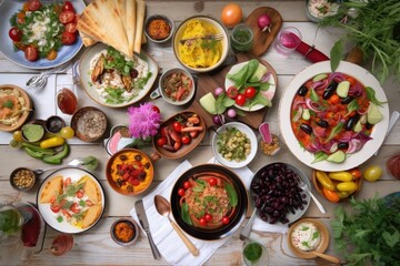 Fototapeta na wymiar A table full of Mediterranean dishes from a flat lay perspective would likely include an array of colorful dishes such as fresh salads, grilled vegetables, hummus, olives, feta cheese - Generative AI