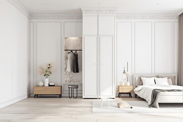 Interior of modern sleeping room with minimal closet over white wall. Contemporary room with dresser. Home design with poster - Generative AI