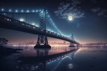 The moon is shining in the night sky above a bridge. AI Generated