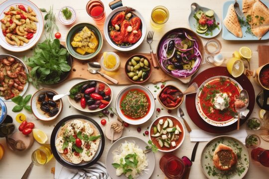 A Table Full Of Mediterranean Dishes From A Flat Lay Perspective Would Likely Include An Array Of Colorful Dishes Such As Fresh Salads, Grilled Vegetables, Hummus, Olives, Feta Cheese - Generative AI