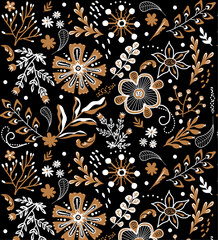 Modern floral seamless pattern. Flat drawing style fabric textile design. Brown and white leaf flowers on the black background