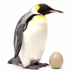 Obraz premium King penguin and his egg close-up isolated on white, unusual bird, ai generative