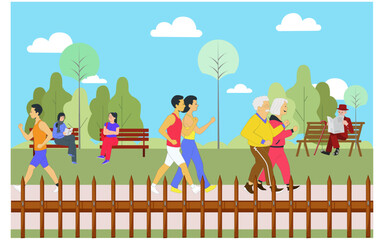 Early morning people walking in the park, characters outdoor activities. Vector illustration.