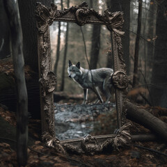 Mirror in a dense strange magical forest, reflection of a wolf in the mirror, horror landscape, witchcraft illustration, ai generative