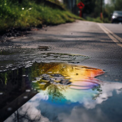 Fototapeta premium reflection of the rainbow and clouds in a puddle after the rain, beautiful spring background, unusual wallpaper