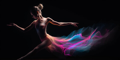 Young beautiful woman emotionally dancing contemporary, modern ballet dance. Shot in a dark studio with blue lights. Generative AI - obrazy, fototapety, plakaty