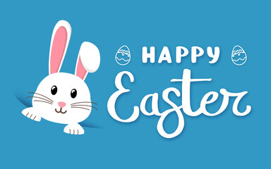 Happy Easter bunny on blue colored background. Easter card with rabbit and eggs. Simple flat 2d design for web banner illustration.