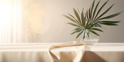 Fototapeta premium Subtle Elegance: Soft Beige Cotton Tablecloth for a Refined Interior. Ai Generated Art. Wallpaper and Background. Concept Art for Architecture and Interior Design.