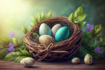 Easter season banner with green nature bokeh background. Colorful decorated eggs in wicker basket. 