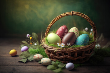 Easter eggs in basket on wooden table
