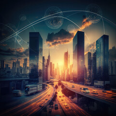 Modern cityscape and communication network concept. Telecommunication. IoT (Internet of Things). ICT (Information communication Technology) 