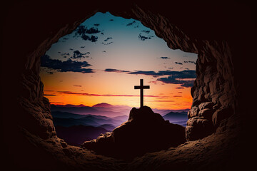 Silhouette of crucifix cross on mountain at sunset sky background