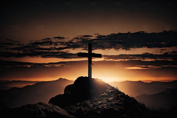 Silhouette of crucifix cross on mountain at sunset sky background