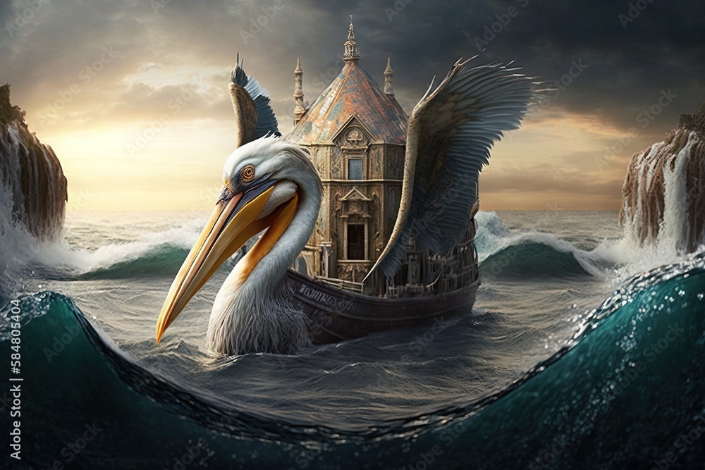 Poster navigating through mythical waters: a fantasy pelican picture generative ai