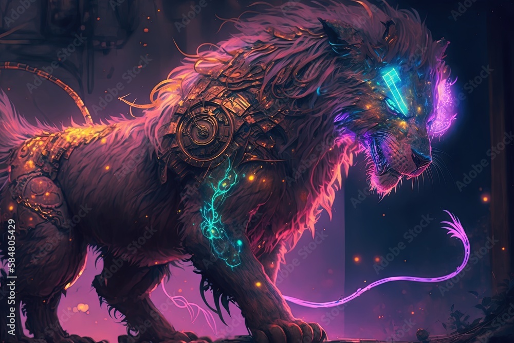Poster obscure chimera: a fabled beast with a neon glint generative ai