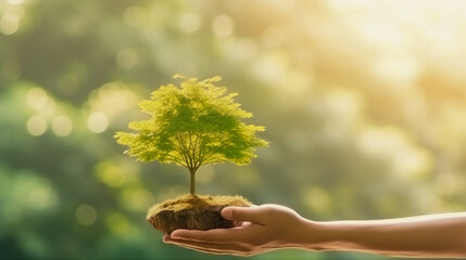Caring for the Environment, Hand Holding a Tree against Nature Background, Generative AI