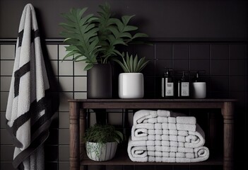 A bathroom with black tiles, a white sink, and a simple black and white rug. The only decoration is a few rolled towels on a wooden shelf. Generative AI