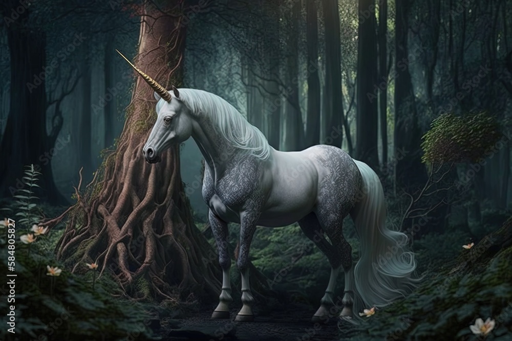 Poster the enchanted unicorn in the forest of whisperwinds generative ai