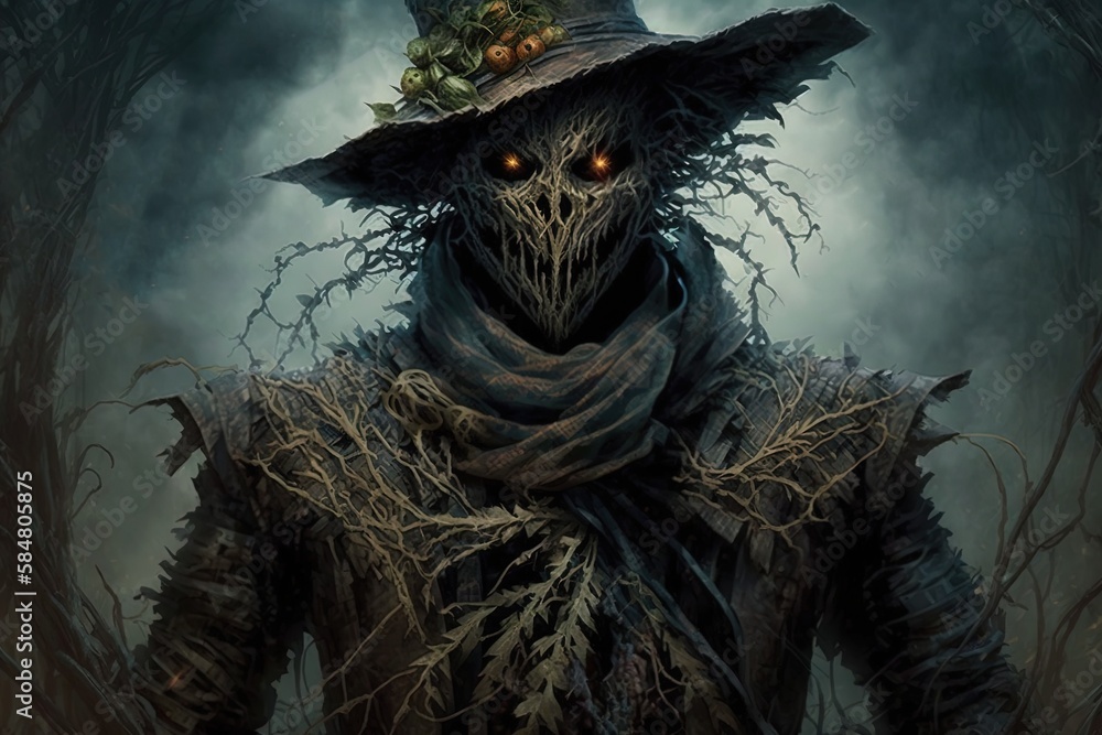 Poster unstable threads weaving a spell of terror: a nightmarish encounter with a cursed scarecrow generati