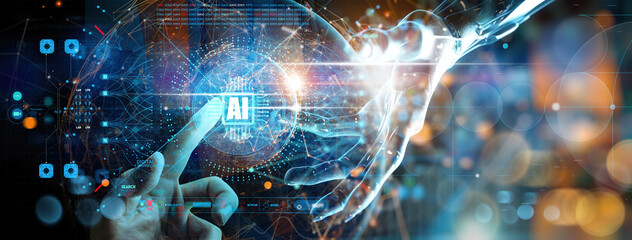 AI, Machine learning, innovation and futuristic.Hands of robot and human touching on big data network connection background, Science and artificial intelligence technology,