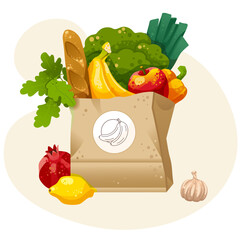 Craft paper bag with colorful food. Vector fruits, vegetables, french baguette.Healthy food concept art. Vector illustration for poster, banner, website, placecard, flyer.