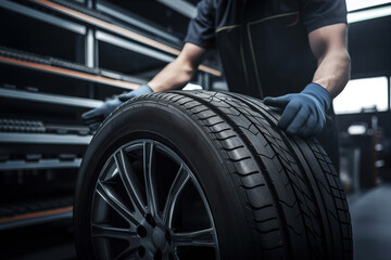 Naklejka na ściany i meble tire at repairing service garage background. Technician man replacing winter and summer tire for safety road trip. Transportation and automotive maintenance concept. Generative ai