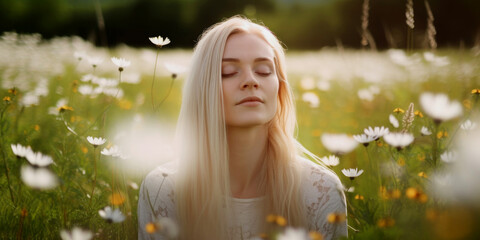 Blonde Frau beim Yoga auf einer Blumenwiese, Generative AI