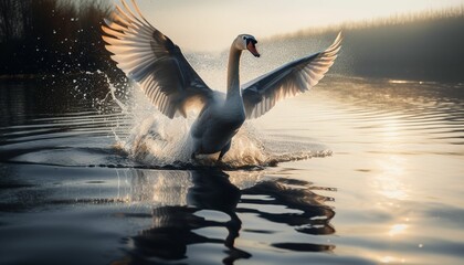 a photo of a swan landing in the water, Generative IA