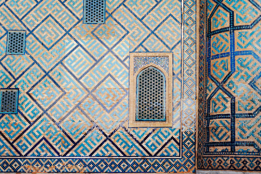Ornate window on a Madrassa at The Registan, Samarkand.
