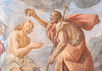 Fototapeten VARALLO, ITALY - JULY 17, 2022: The fresco of Baptism of Jesus in the church Collegiata di San Gaudenzio © Renáta Sedmáková
