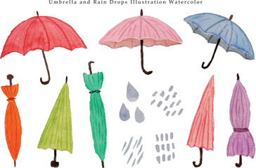 a set of cute colorful umbrella and rain drop watercolor illustration