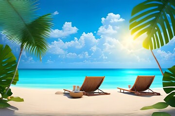 Fototapeta na wymiar Beautiful tropical beach with white sand and two sun loungers on background of turquoise ocean and blue sky with clouds. Frame of palm leaves and flowers. Perfect landscape for relaxing vacation 