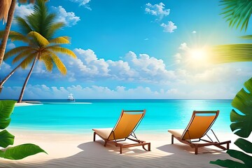 Beautiful tropical beach with white sand and two sun loungers on background of turquoise ocean and blue sky with clouds. Frame of palm leaves and flowers. Perfect landscape for relaxing vacation 