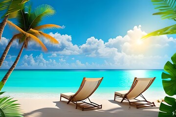 Beautiful tropical beach with white sand and two sun loungers on background of turquoise ocean and blue sky with clouds. Frame of palm leaves and flowers. Perfect landscape for relaxing vacation 