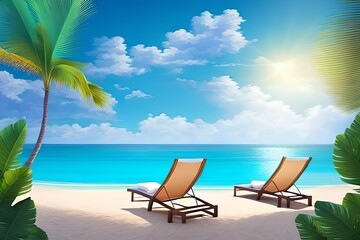 Obraz na płótnie Canvas Beautiful tropical beach with white sand and two sun loungers on background of turquoise ocean and blue sky with clouds. Frame of palm leaves and flowers. Perfect landscape for relaxing vacation 